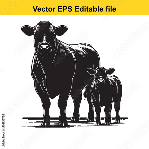 Angus Bull, Cow, and Calf Vector Silhouettes | Livestock Line Art | Farm Animal Clipart Collection