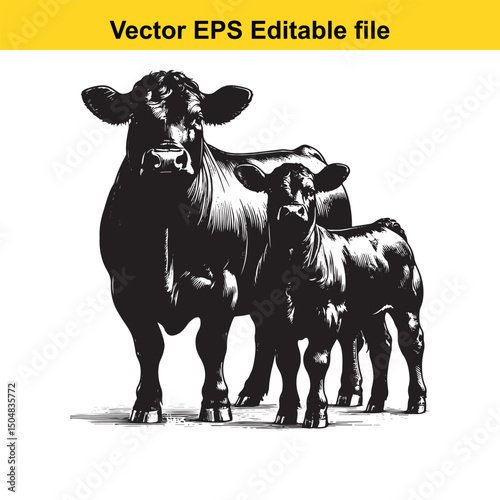 Angus Bull, Cow, and Calf Vector Silhouettes | Livestock Line Art | Farm Animal Clipart Collection