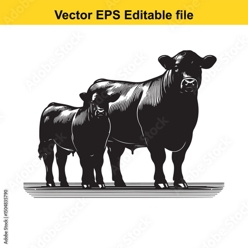 Angus Bull, Cow, and Calf Vector Silhouettes | Livestock Line Art | Farm Animal Clipart Collection