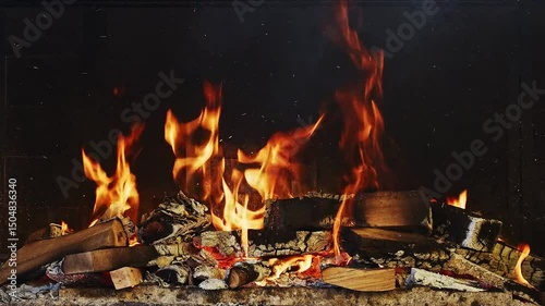 Warmth inviting fireplace burning bright glowing embers wooden logs crackling fire cozy home hearth flames heat winter comfort. 4k vidios