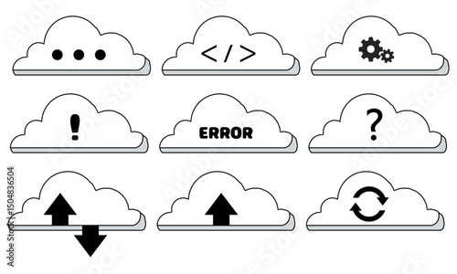 Cloud Computing Icons Set with System and Status Symbols, A collection of nine minimalist black and white cloud icons, each featuring a distinct symbol related to cloud computing, data processing