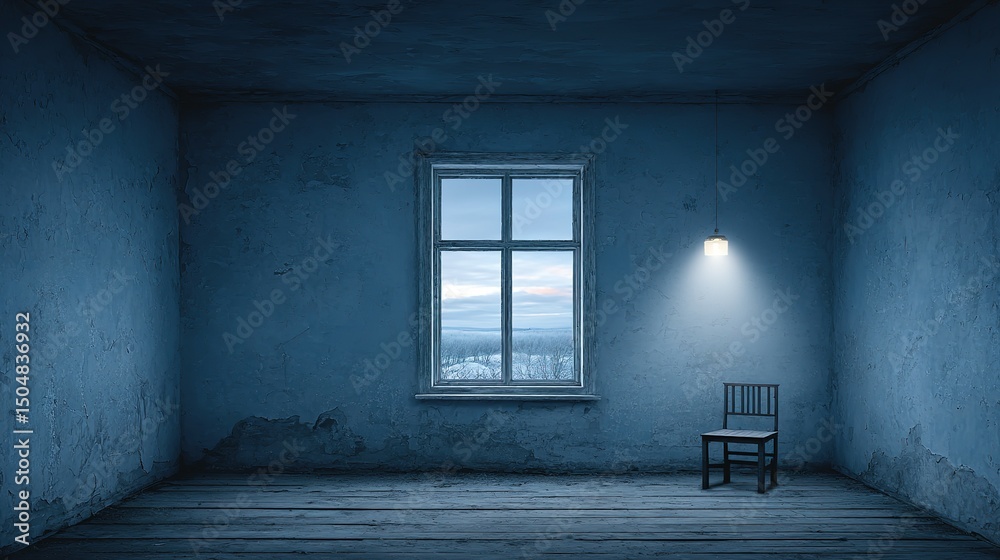 Obraz premium An empty room with a single chair illuminated by a small light.