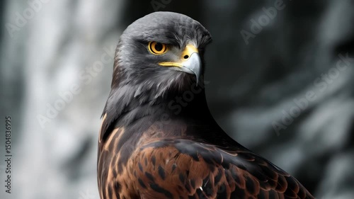Majestic hawk portrait showcasing its intense gaze, sharp beak, and patterned feathers in a close-up profile shot against a dark, blurred background.