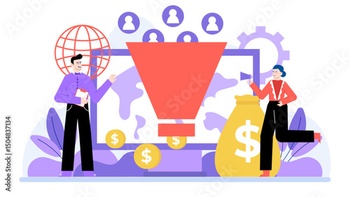 Sales funnel graphic with cash and individuals, perfect for marketing presentations, financial reports, business pitches, and sales strategy documents.