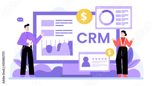 Crm system with two people and graphs is suitable for presentations, marketing materials, business blogs, and techrelated articles. Great for showcasing teamwork.