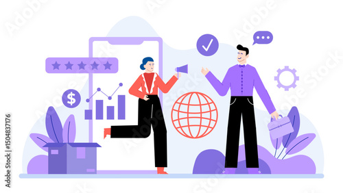 Woman and man in business attire, woman holding megaphone. Influencer marketing for business growth. Suitable for business communication concept in marketing or promotional materials.