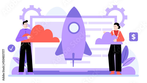 Two people joyfully holding clouds and a rocket symbolizing dreams, innovation, and teamwork. Suitable for business and technology concepts. Tech startup founders launching SaaS product