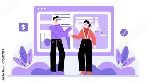 Entrepreneur pitching to angel investor. Suitable for business presentations, financial reports, data analysis concepts.