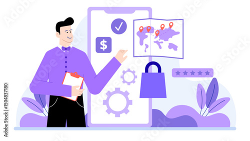 Man shows map on phone screen. UX research and customer journey mapping