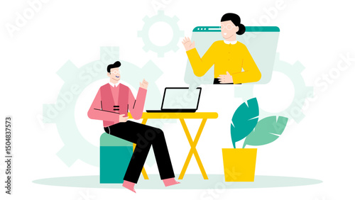 Man video chats with woman on laptop. Suitable for technology, communication, business concepts, remote work, online meetings, virtual conversations.