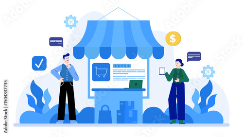 Two people shopping online at a store, suitable for illustrating the concept of ecommerce, online shopping, technology, and convenience.