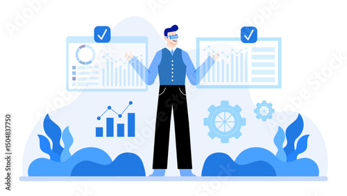 Man presenting data graphs and charts. Suitable for business presentations, reports, statistics analysis concepts in web design, and infographics.