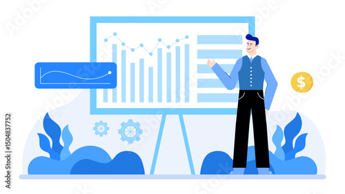 Man giving a presentation on a whiteboard, suitable for business presentations, educational materials, training courses, and online tutorials.