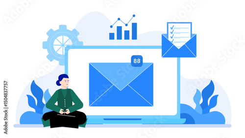 Person sitting on a laptop with an email notification, perfect for illustrating modern work culture, technology, communication, and multitasking.