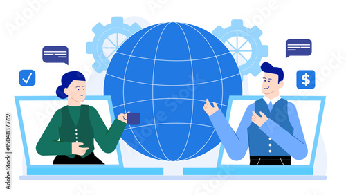 Two people video chatting on laptops, representing global communication. Suitable for technology blogs, remote work illustrations, and international business concepts.
