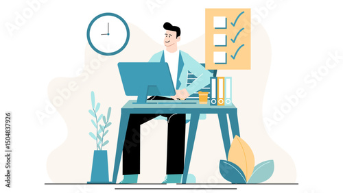 Man working on a computer at a desk. Suitable for technology, office, work, productivity, and remote work concepts in design.
