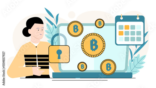 Woman and bitcoin showcase financial technology. Ideal for cryptocurrency blogs, financial presentations, or online business articles. Currency, technology, digital.