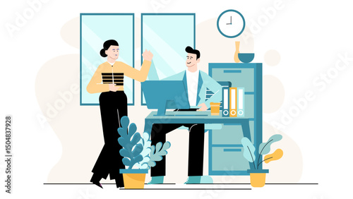 Man sitting at his desk while a woman stands beside him. Suitable for office scenes, teamwork, collaboration, business meetings, and partnerships.