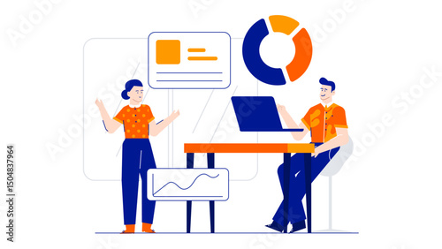 Businesswoman presenting to a businessman at a meeting table. Suitable for presentations, business concepts, collaboration, teamwork, communication, and brainstorming scenes.