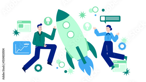Green rocket with two people beside it, symbolizing teamwork, innovation, success. Suitable for startup business concepts, teamwork illustrations.
