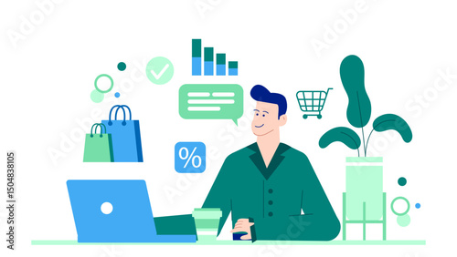 Man with laptop reviews shopping bags. Suitable for online shopping, retail, ecommerce, technology, digital purchases, and consumer behavior concepts.