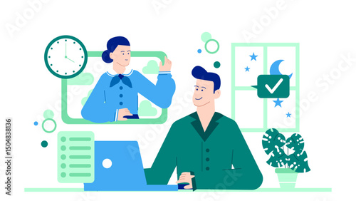 Man in pajamas video chats with woman on laptop, perfect for illustrating remote communication, technology in daily life themes.