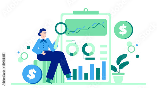 Woman uses a magnifying glass to analyze a chart while sitting on a dollar coin.