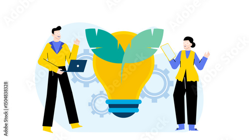 Two people creatively brainstorming with a lightbulb and gears, ideal for depicting innovation, teamwork, problem solving, and technology concepts.