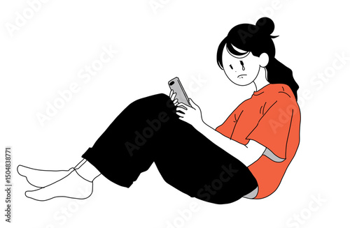スマホを見て悲しむ女性のイラスト