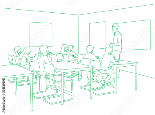Confident teacher teaching students in classroom at school