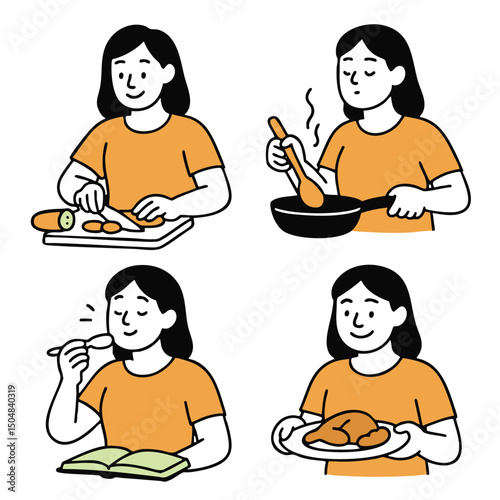 Person preparing food, cooking, and enjoying meal with book