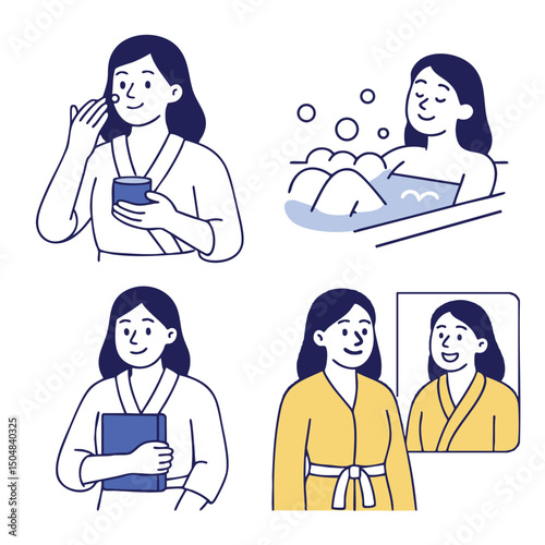 Woman enjoying self care routines, applying skincare, relaxing in bath, and smiling in robe
