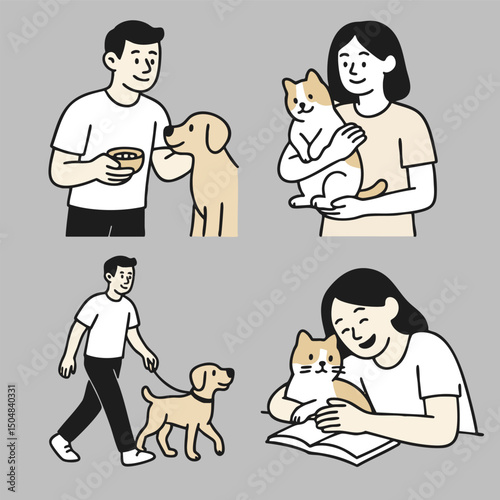 Caring pet owners interacting with dogs and cats, showcasing love and companionship