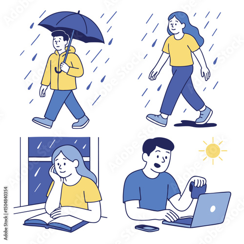 Person walking in rain with umbrella, and another enjoying sunny day indoors