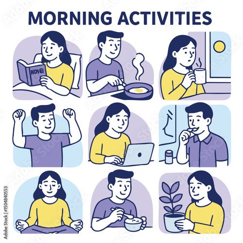 Morning activities include reading, cooking, enjoying coffee, and practicing mindfulness