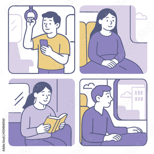 Public transport scenes showing diverse individuals engaged various activities, conveying daily