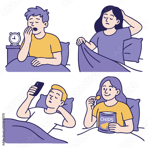 Sleepy people in bed, yawning, using phone, eating snacks, feeling relaxed and cozy