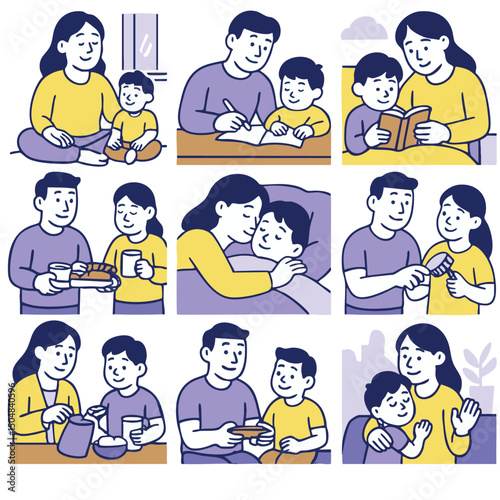Series of illustrations depicting mother and child engaging various activities together
