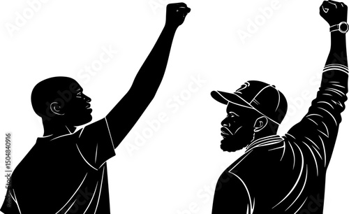 Silhouette of Two Men Raising Fists in Unity, Symbol of Protest, Power, and Resistance
