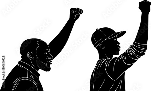 Silhouette of Two Men Raising Fists in Protest, Empowerment, Solidarity, and Social Justice Concept