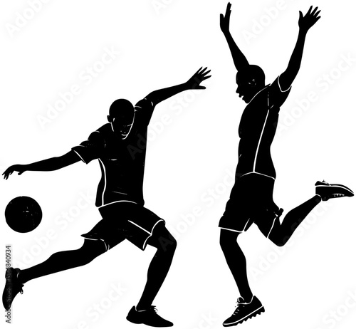 Silhouette of Two Soccer Players in Action with Ball Kick and Celebration Pose