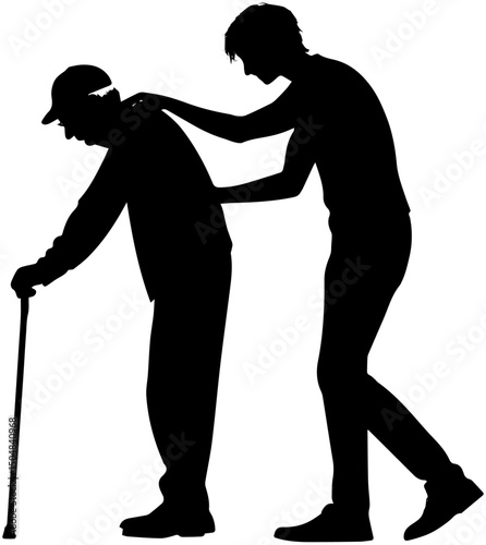 Silhouette of Young Man Helping Elderly Person with Cane, Compassion and Elder Care Concept