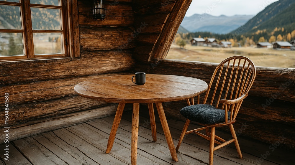 Obraz premium Wooden table and chair in a log cabin with a mountain view.