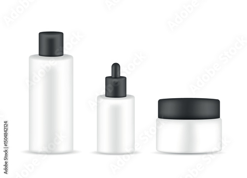 Minimalist set of cosmetic packaging: bottle, dropper bottle and cream jar on white background, realistic mockup