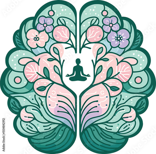 Vector illustration of a floral brain with meditating figure – mindfulness and mental wellness concept