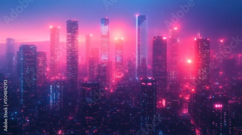 futuristic cityscape bathed in neon hues capturing the dynamic skyline and illuminated skyscrapers under a vibrant pink and purple gradient sky showcasing urban sophistication