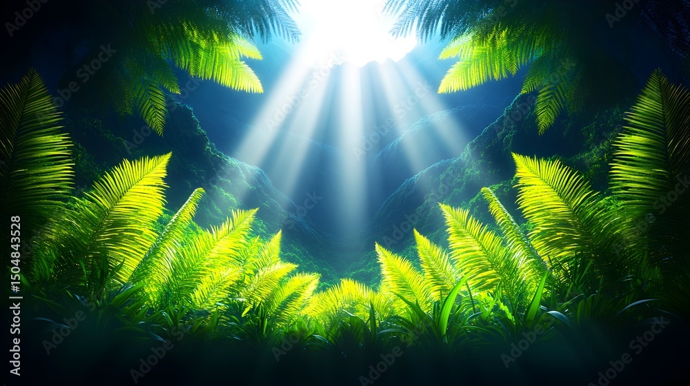 Fototapeta premium Lush jungle scene, sunlight beams through foliage