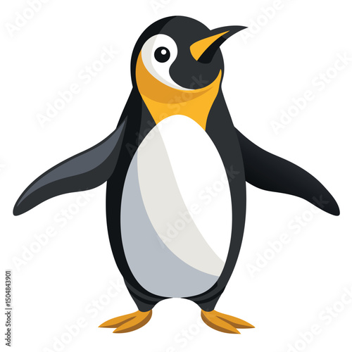 A king penguin with surprised eyes waddles with its wings outstretched against a white background