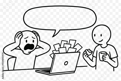 Funny Comic of Overworked Character and Chill Colleague with Laptop – Editable Doodle Illustration

