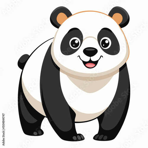 A large panda with a gentle smile walks directly towards the viewer against a white background.